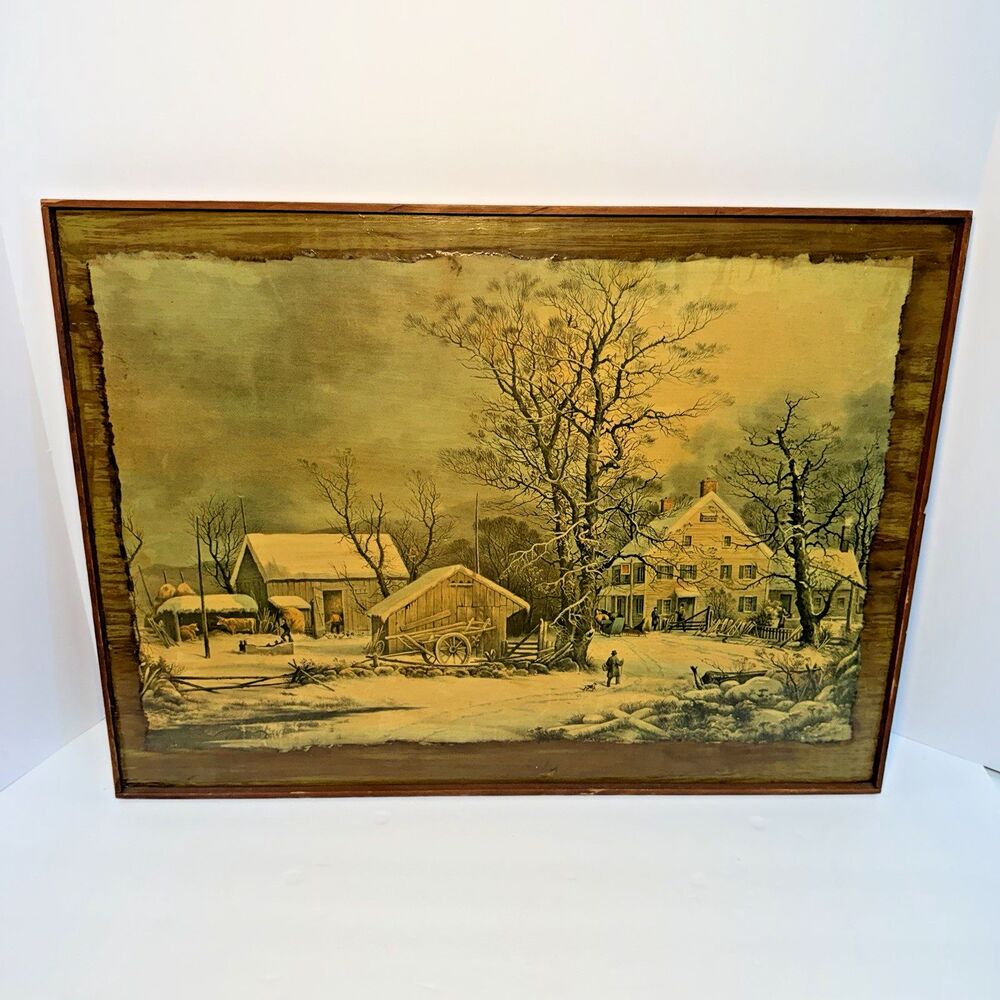 VNT Winter Farm Scene Wall Plaque Colonial Landscape Print Mounted Wood 24x16